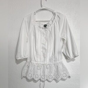 Ralph Lauren - Lauren Jeans Co White Blouse Drawstring Waist 3/4 Sleeve